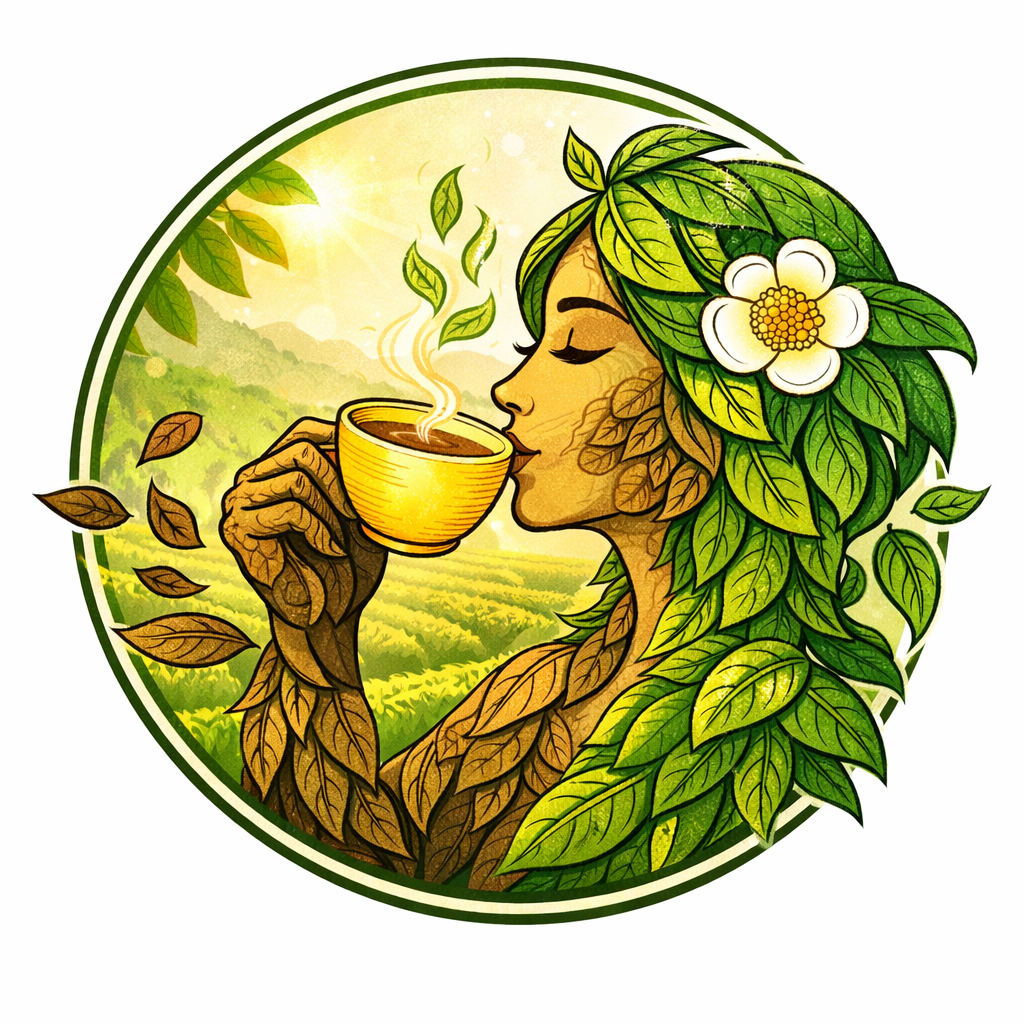 Illustration of a woman made of botanical leaves drinking herbal tea as wilted leaves blow away and fresh green leaves grow, symbolizing healing, renewal, and nervous system balance.