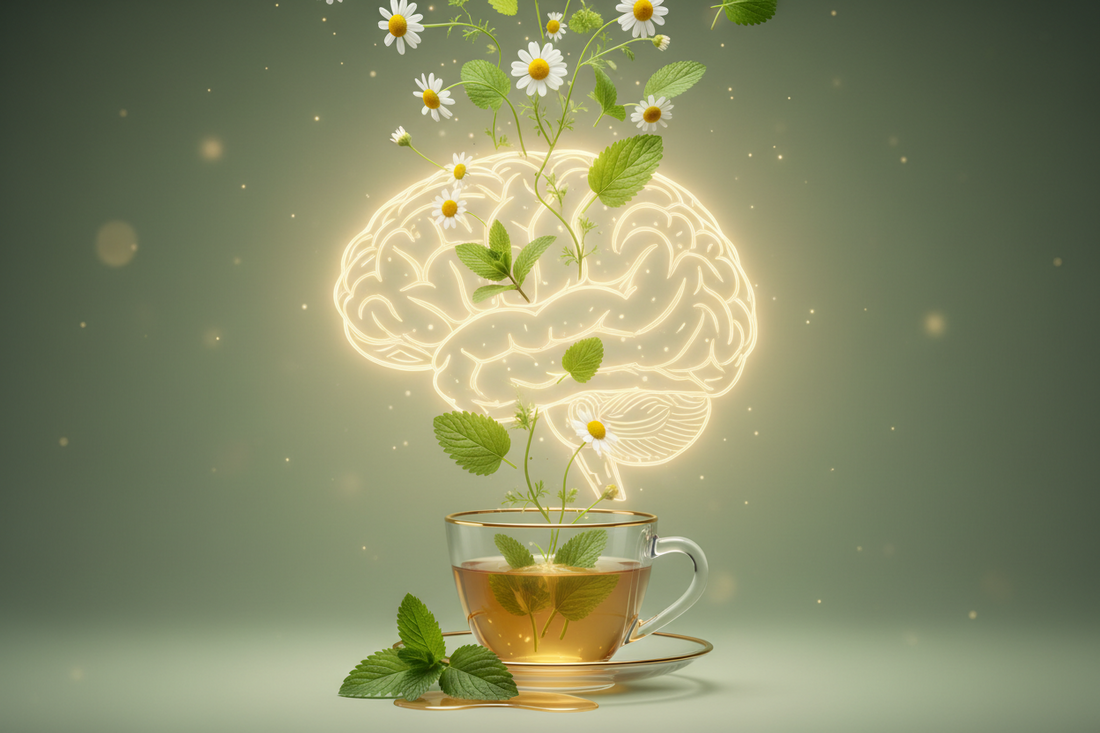 soft glowing brain outline  botanical herbs flowing toward it  tea cup below
