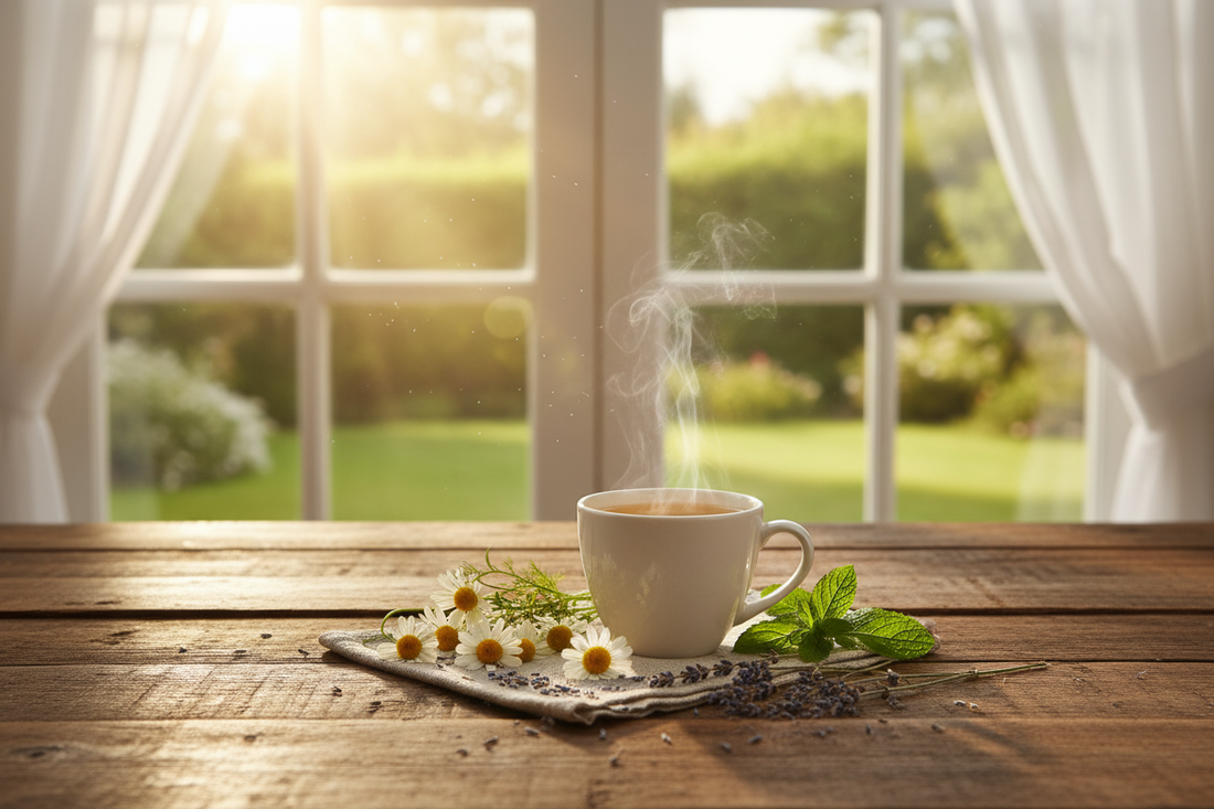 Steaming herbal tea with chamomile and mint in warm morning sunlight by a window, symbolizing calm, nervous system balance, and stress recovery.